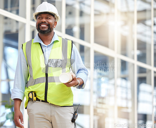 Image of Black man, blueprint or construction manager walking in building site for project management. Engineering, contractor or designer thinking of floor plan for architecture, development and innovation