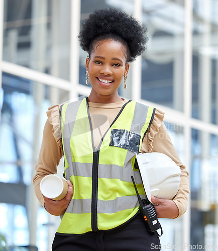Image of Black woman, blueprint or portrait of architect on construction site for project management. Engineering, confident or happy designer with floor plan for architecture, development or innovation