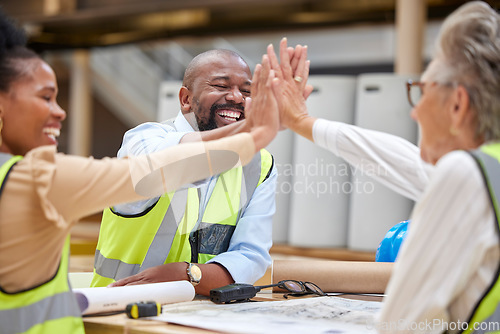 Image of High five, meeting and architecture people with meeting success, blueprint collaboration and teamwork or support. Project management, floor plan and women, man or group hands together for engineering