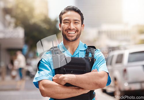 Image of Security guard, safety officer and happy portrait of man outdoor to patrol, safeguard and watch. Professional Asian male on city street for crime prevention, law enforcement and service with a smile