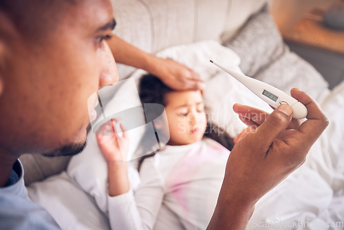 Image of Thermometer, care and a man with a sick child for a fever, temperature check or virus. Nursing, house and a dad with a medical tool and a girl kid in the bed with a health problem or headache