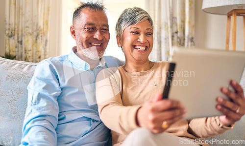 Image of Senior couple, tablet and video call at home for communication, network connection or chat. Mature man and woman together with technology, social app and internet on a living room couch with a smile