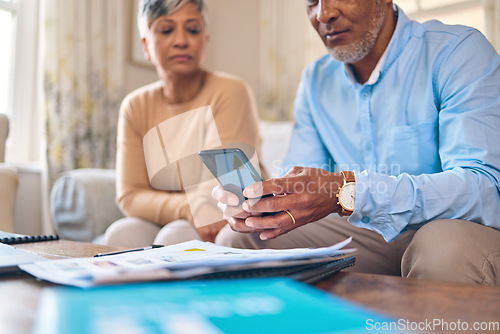 Image of Retirement paperwork, admin and a couple with a phone for finances, bills or home insurance. Document, communication and a man and woman with a mobile for a banking app and report for budget