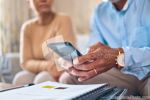 Image of Paperwork hands, admin and a couple with a phone for finances, bills or home insurance. Document, closeup and a man and woman with a mobile for a banking app and report for budget or communication