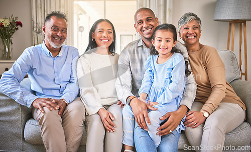Image of Big family, portrait and smile in home living room, bonding and having fun. Happy, grandparents and children, mother and father relax on sofa, love and enjoy quality time together on couch in house.