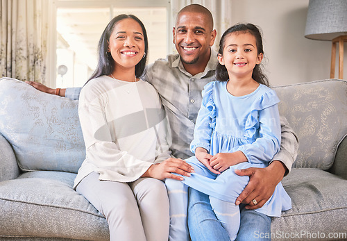 Image of Family, portrait and happy on sofa in home living room, bonding and having fun. Care, parents and smile of child, mother and father with love, relax on couch and enjoy quality time together in house.