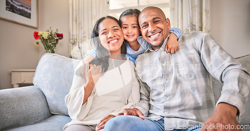 Image of Portrait, family and smile on sofa in home living room, bonding and having fun. Face, parents and happy child, mother and father with love, relax on couch and enjoying quality time together in house.