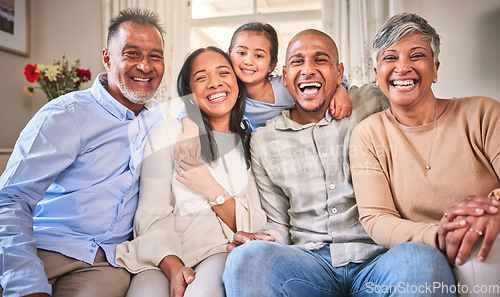 Image of Big family, funny portrait and smile in home living room, bonding and laughing. Face, grandparents and happy children, mother and father relax, having fun and enjoying quality time together in house.