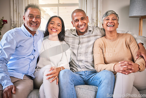 Image of Funny portrait, big family and smile in home living room, bonding and laughing. Care, senior parents and happy man and woman relax on sofa, having fun and enjoying quality time together in house.