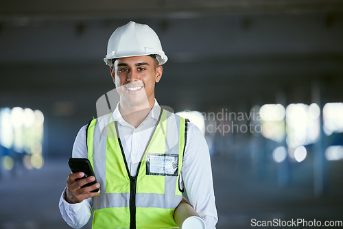 Image of Architect, phone and portrait of happy man in warehouse with blueprint, networking and communication with plan. Engineering, cellphone and construction site with safety, planning and smile on face.