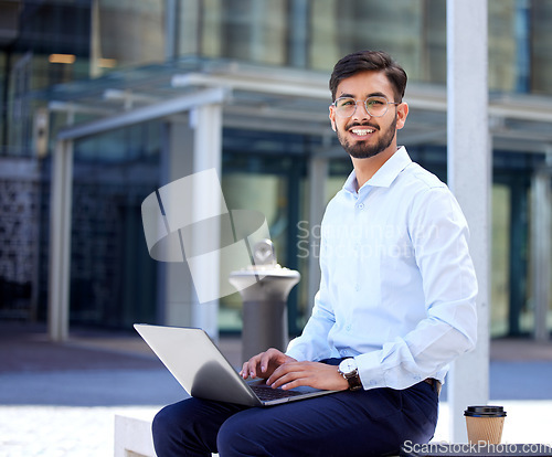 Image of Portrait, business and man with a laptop, outdoor or typing with connection, digital software or network. Male person, employee or consultant with a pc, city or planning with a smile or data analysis
