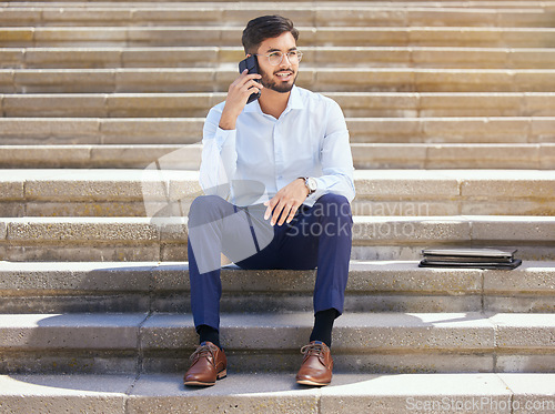 Image of Business, stairs and man with a phone call, relax and lunch break with conversation, network and communication. Male person, consultant or agent with a cellphone, steps and connection with planning