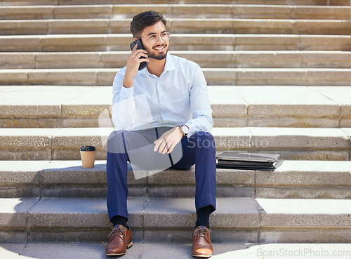 Image of Business, stairs and man with a smile, phone call and relax on lunch break, conversation and network. Male person, consultant or agent with a smartphone, steps or connection with happiness or talking