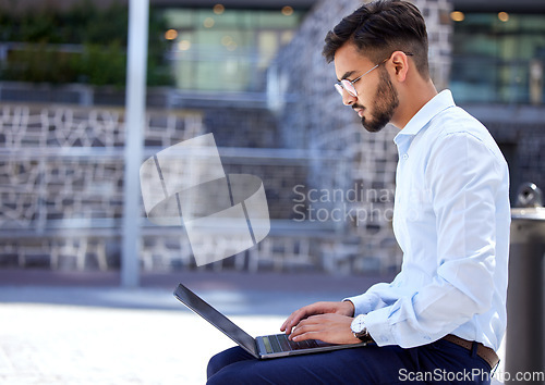 Image of Entrepreneur, business and man with a laptop, outdoor and typing with connection, digital software and planning. Male person, employee and consultant with a pc, city and writer with a new project