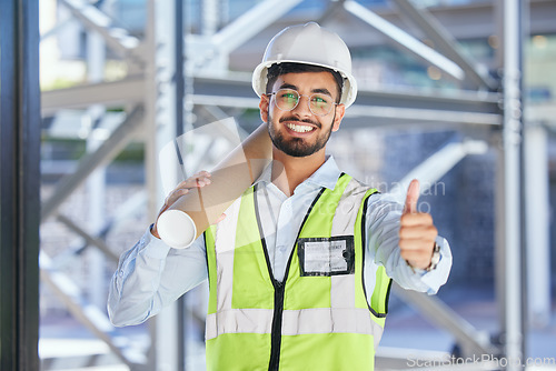 Image of Architecture, thumbs up and portrait of happy man with blueprint at construction site, agreement and deal plan. Engineering, contractor and yes emoji to safety, thank you and planning with smile.