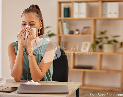 Image of Business, sick and woman with a tissue, sneeze and infection with workaholic, overworked and flu. Female person, employee or consultant with safety in a workplace, toilet paper or virus with illness