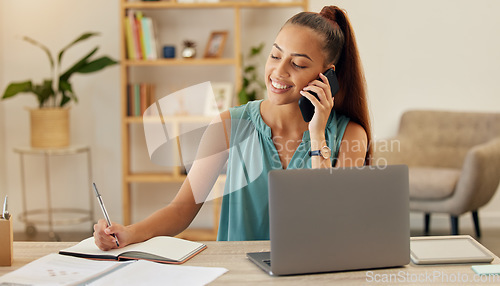 Image of Talking, planning and a woman on a phone call in an office for schedule, notes or information. Smile, speaking and a corporate employee or female receptionist with a notebook for an agenda or ideas