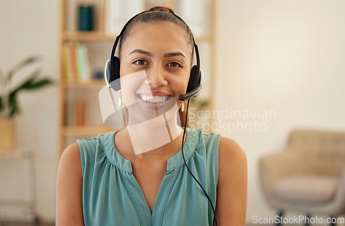 Image of Portrait, telemarketing and woman with headphones, call center and ecommerce with a smile, customer service and consulting. Face, female person or consultant with headset, tech support and contact us