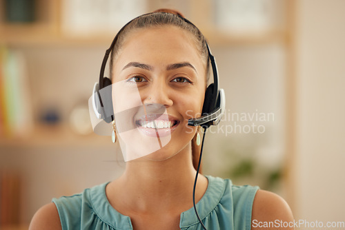 Image of Portrait, telemarketing and woman with a smile, call center and ecommerce with customer service, contact us and consulting. Face, female person and agent with headphones, tech support and employee