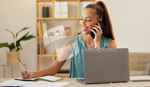 Image of Happy, planning and a woman on a phone call in an office for schedule, notes or information. Smile, speaking and a corporate employee or female receptionist with a notebook for an agenda or ideas