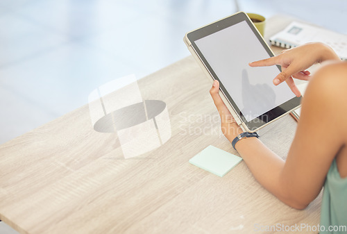 Image of Work, mockup screen and hands with a tablet for communication, email typing on an app. Space, desk and a woman or employee working on technology in an office for social media management or chat