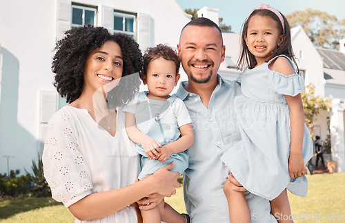 Image of Father, mother or portrait of children in new home or real estate with a happy family with love or care. Dream house, excited or young kids with proud dad, mom or smile on property after relocation