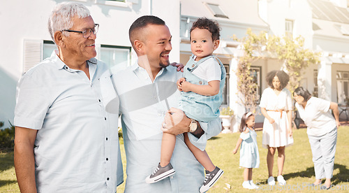 Image of Father, grandma or portrait of child in new home or real estate with a happy family with love or care. House, garden or senior grandparent with a happy man or young boy kid with a smile on a property