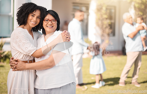 Image of Mother, grandma and hug portrait outdoor at new home with family and happy from love and trust. House, real estate and garden with mom and senior mama together with a smile from property purchase