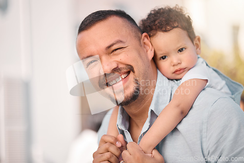 Image of Father, family portrait and piggy back fun outdoor with a smile from dad and young boy with fun. Child, papa and relax together in garden with parent care, love and support for kids with joy