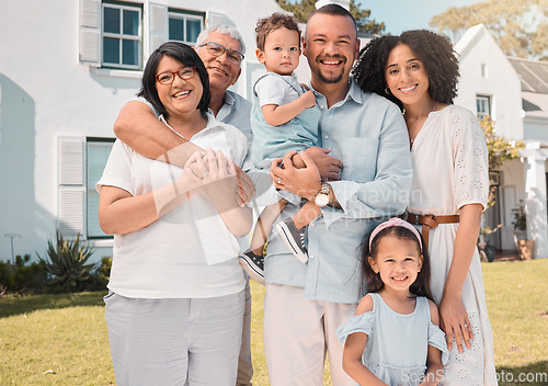 Image of Happy, big family or portrait of children in new home, dream house or real estate with love, unity or care.Generations, siblings or senior grandparents with mom, dad or kids with a smile on property