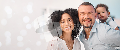 Image of Mockup space, parents or portrait of child enjoying quality bonding time on weekend to relax together. Piggyback, smile or baby with love, mother and father as a happy family on break on holiday