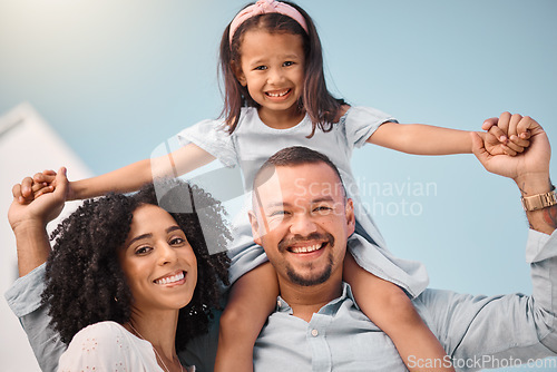 Image of Family in portrait, girl on man shoulders and happy people outdoor, mother and father with young daughter bonding. Parents, female kid and smile, happiness and care, love and quality time together