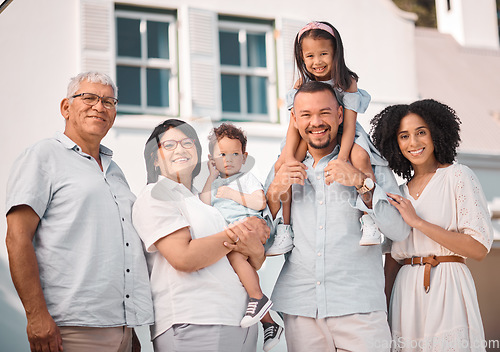 Image of Family, portrait and generations with happiness and outdoor, people on lawn with grandparents, parents and children. Men, women and kids together, bonding and love at home with care and support