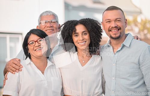 Image of Family, parents and adult children outdoor, happy and relax on lawn, bonding and love. Men, women and smile with support, care and trust in garden, happiness and portrait while spending time together