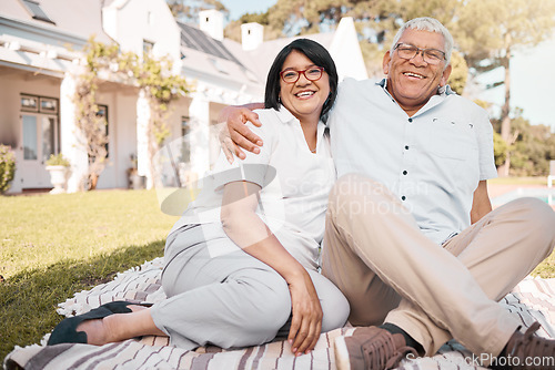 Image of Portrait, hug and a senior couple in a garden for love, care and bonding in summer. Affection, happy and an elderly man and woman on the grass of a nursing home in the backyard together in marriage