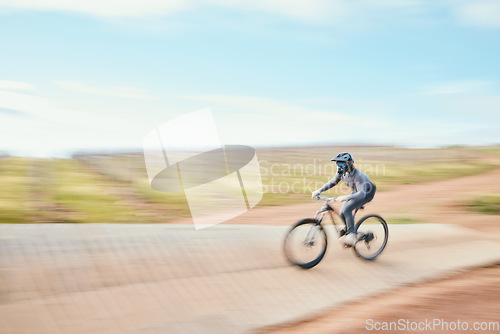 Image of Motorbike, speed and freedom in desert with adventure for sport in competition or blur. Race, dirt bike and action with energy in outdoor for training or rally performance with power in mockup space.