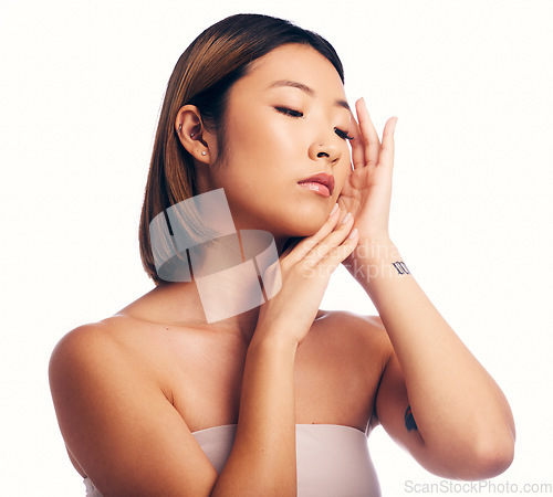 Image of Skincare, beauty and face of Asian woman on a white background for wellness, spa and cosmetics. Dermatology, salon and isolated female person with perfect skin, satisfaction and facial care in studio