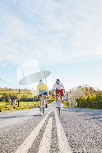 Image of Fitness, mockup or people cycling on bicycle for training, cardio workout or race exercise in countryside. Space, male friends or sports athletes riding bike on road or path for a challenge together