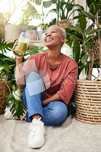 Image of Healthy, black woman and green juice for nutrition or wellness with smile for diet in home with plant. Vegetarian, smile and girl with detox smoothie or shake for weightloss with fruit or vegetable.