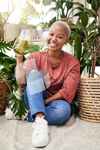 Image of Healthy, black woman and green smoothie in portrait with smile for wellness or nutrition. Girl, happy and detox shake in home for vitamins or weightloss for diet or vegan protein in natural drink.