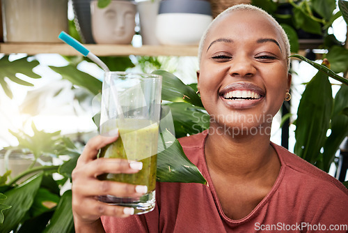 Image of Health, diet and happy with black woman and smoothie for detox, breakfast and protein. Nutrition, food and weight loss with face of person and drink for green juice, vitamins and supplement