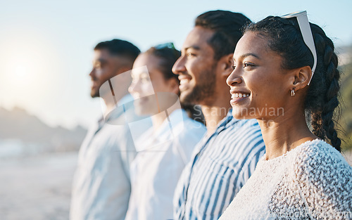 Image of Happy, line and friends at the beach for sunset together for bonding, vacation or freedom. Smile, community and people in a row at the ocean during vacation for fun, weekend or summer in Bali