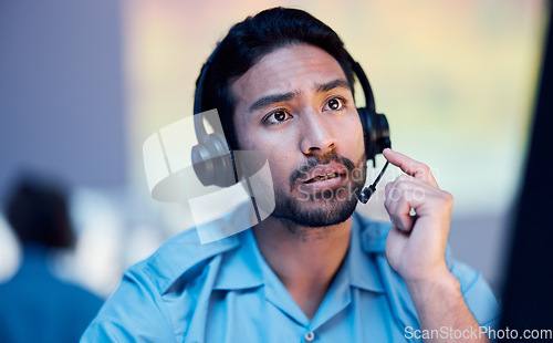 Image of Security guard, monitor problem and man watching screen relax on the job for building tech. Surveillance, safety talking and live streaming watch of a employee checking the system for danger