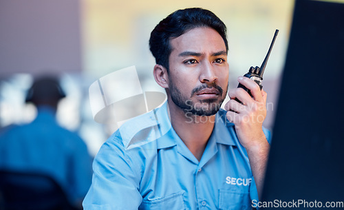 Image of Security dispatch man, computer and walkie talkie communication, speaking and monitor crisis, CCTV or surveillance. Emergency radio, support consultation and crime safety person focus on problem