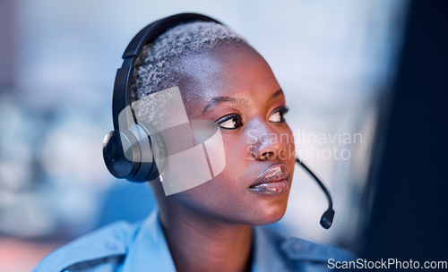 Image of Officer, black woman and call center agent for law or legal service for emergency call and employee in an office. Worker, thinking and security worker talking online or internet for communication