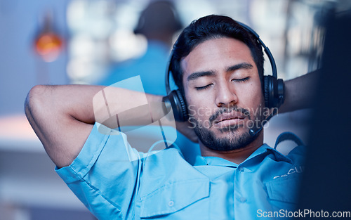 Image of Security guard, sleeping and man by screen relax on the job for building protection. Surveillance, safety application and fatigue watch of a employee on a nap from late night of checking the system