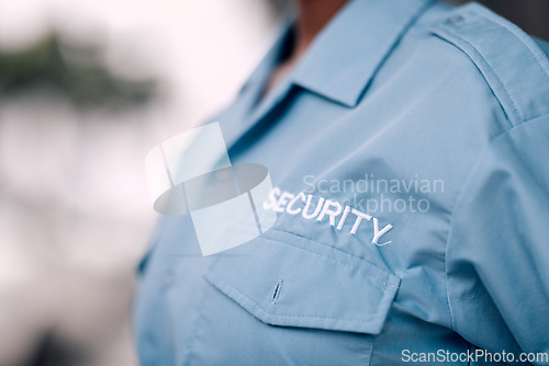 Image of Uniform, security guard and in closeup for protection from crime with worker for safety in mock up background. Duty, service and bodyguard with uniform for patrol or defence for career at agency.