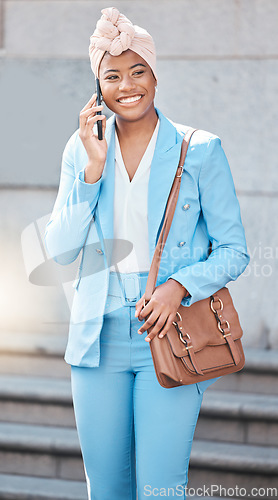 Image of Phone call, walking and businesswoman on stairs in city with briefcase by her office building. Smile, happy and professional African female lawyer on mobile conversation with cellphone in urban town.