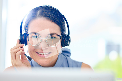 Image of Call center, portrait and business woman, consultant or agent in customer support, consulting and e commerce. Communication, professional face and person in virtual consultation, telecom and speaking