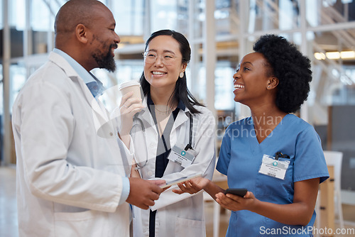 Image of Women, black man and doctors in a meeting, planning and discussion with happiness, hospital and teamwork. Male person, staff and medical professional with conversation, healthcare and collaboration